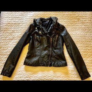 Free People Hooded Faux Leather Moto Jacket.